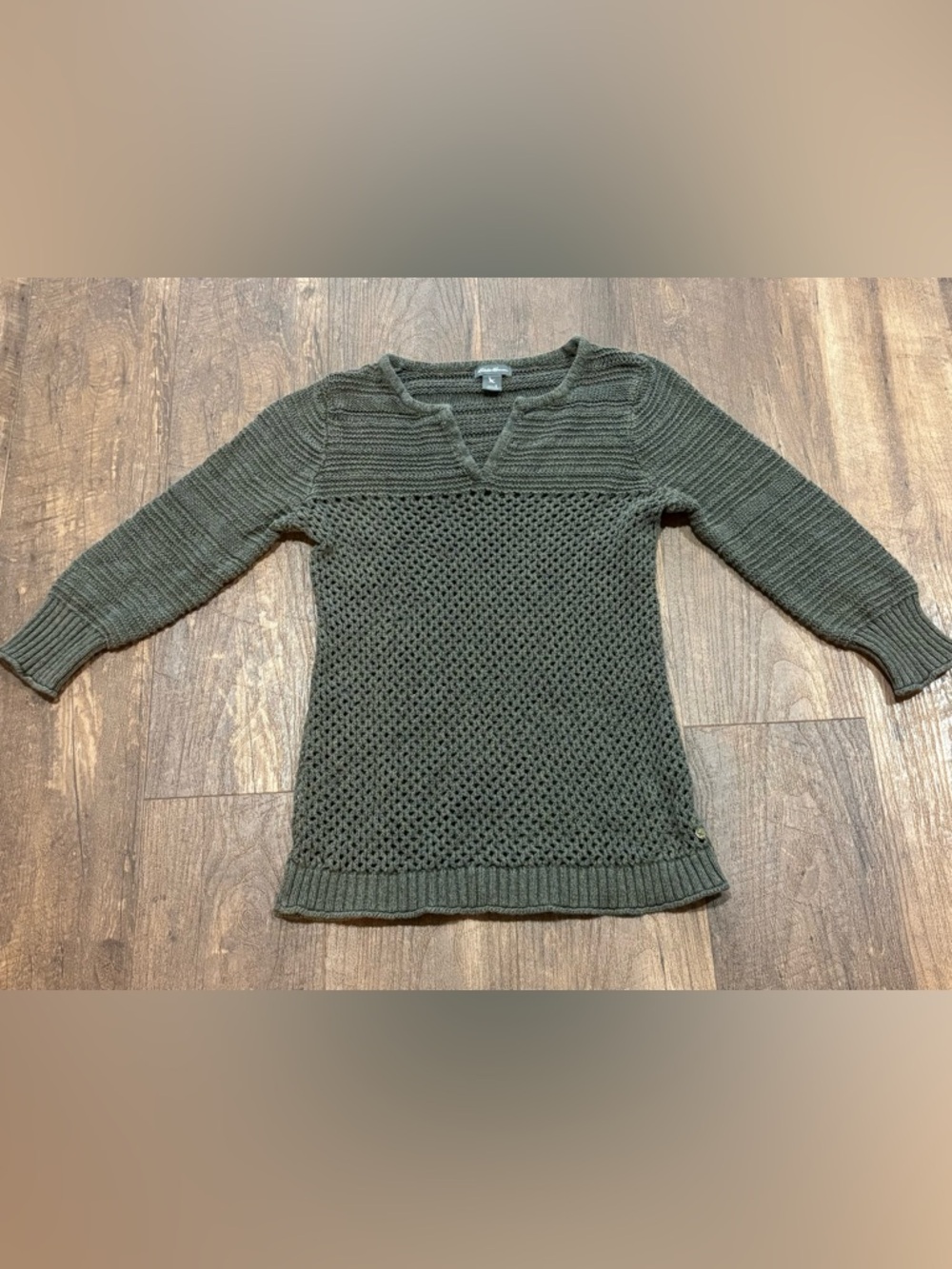 Eddie Bauer Olive Green Open-Weave V-Neck Sweater